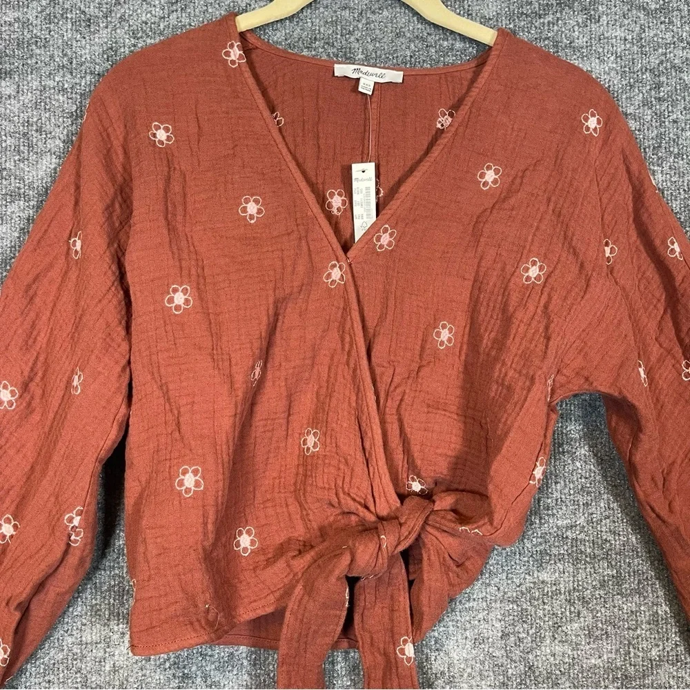 Madewell Womens XXS NWT Burgundy Brown Floral Boho Peasant Wrap Crop Long Sleeve - Picture 2 of 9